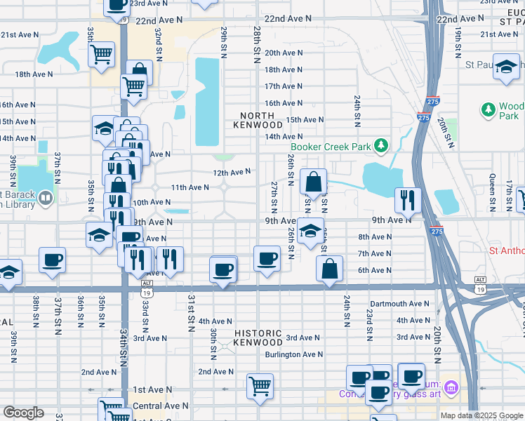 map of restaurants, bars, coffee shops, grocery stores, and more near 921 28th Street North in St. Petersburg