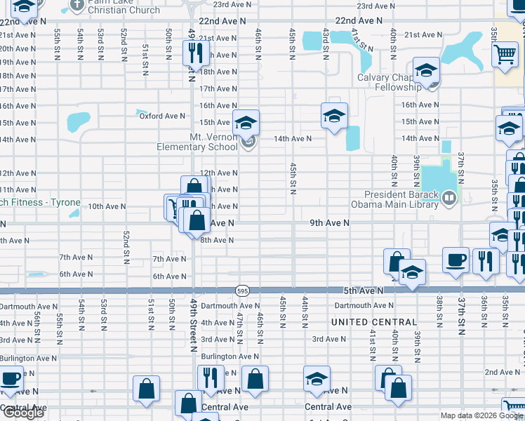map of restaurants, bars, coffee shops, grocery stores, and more near 4548 10th Avenue North in St. Petersburg