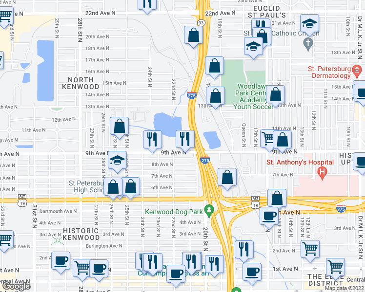 map of restaurants, bars, coffee shops, grocery stores, and more near 2191 9th Avenue North in St. Petersburg