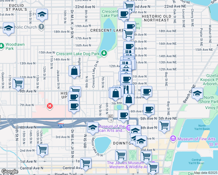 map of restaurants, bars, coffee shops, grocery stores, and more near 527 9th Avenue North in St. Petersburg