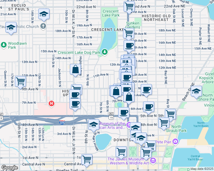 map of restaurants, bars, coffee shops, grocery stores, and more near 527 9th Avenue North in St. Petersburg