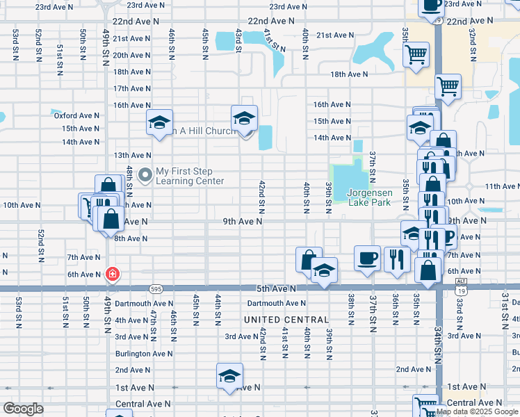 map of restaurants, bars, coffee shops, grocery stores, and more near 4200 10th Avenue North in St. Petersburg