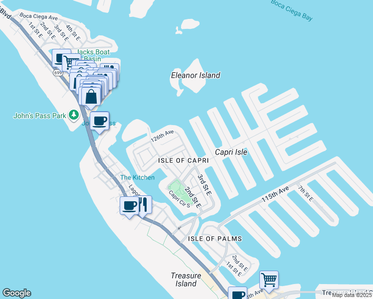 map of restaurants, bars, coffee shops, grocery stores, and more near 12323 Sun Vista Court East in Treasure Island