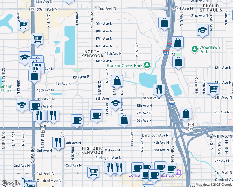 map of restaurants, bars, coffee shops, grocery stores, and more near 921 Yale Street North in St. Petersburg