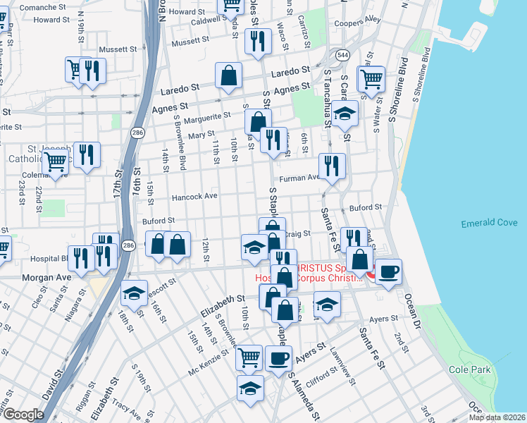 map of restaurants, bars, coffee shops, grocery stores, and more near 1116 Buford Street in Corpus Christi