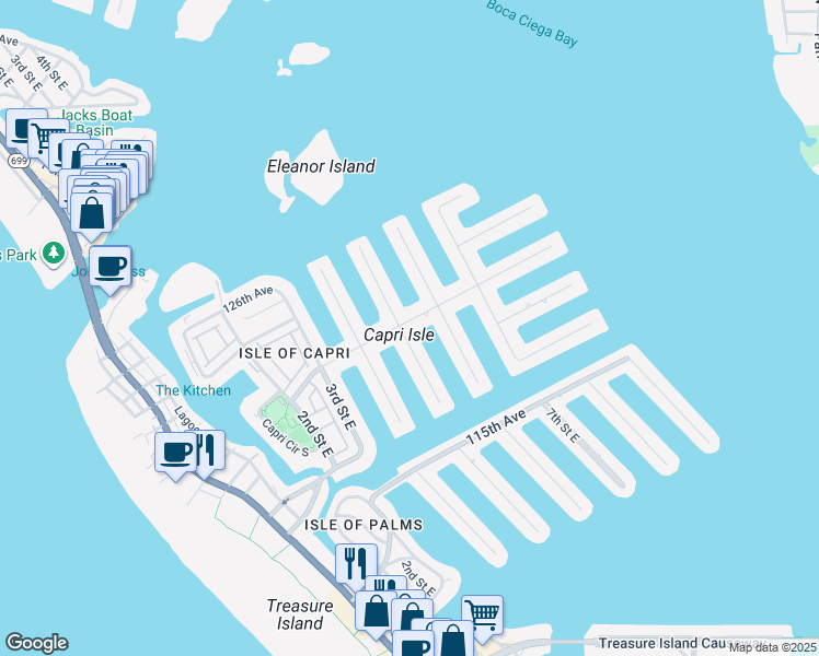 map of restaurants, bars, coffee shops, grocery stores, and more near 505 Capri Boulevard in Treasure Island