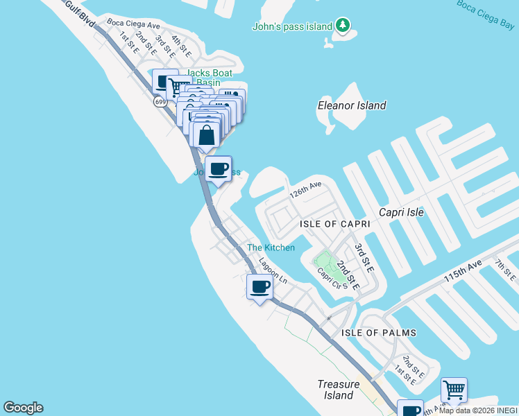 map of restaurants, bars, coffee shops, grocery stores, and more near 12500 Capri Circle North in Treasure Island