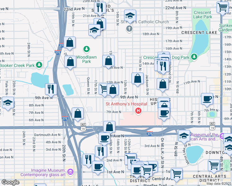 map of restaurants, bars, coffee shops, grocery stores, and more near 924 14th St N in St Petersburg