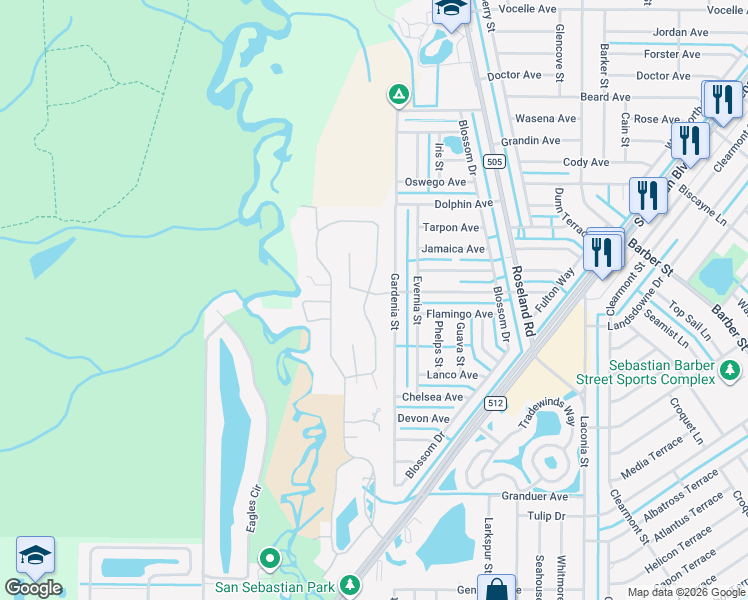 map of restaurants, bars, coffee shops, grocery stores, and more near 605 Cross Creek Drive in Sebastian
