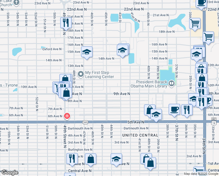 map of restaurants, bars, coffee shops, grocery stores, and more near 939 1/2 45th Street North in Saint Petersburg