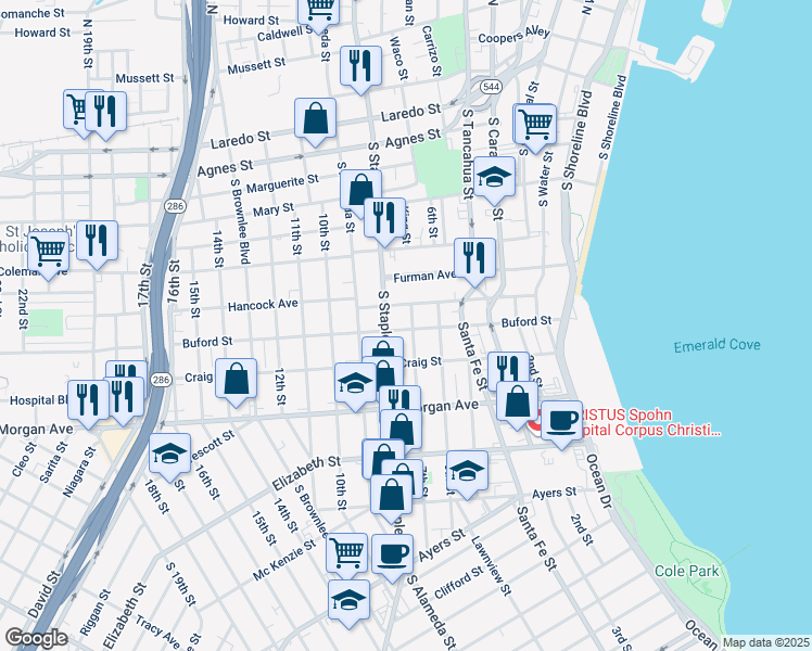 map of restaurants, bars, coffee shops, grocery stores, and more near 1006 Buford Street in Corpus Christi