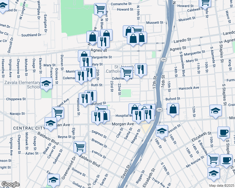 map of restaurants, bars, coffee shops, grocery stores, and more near 1005 22nd Street in Corpus Christi