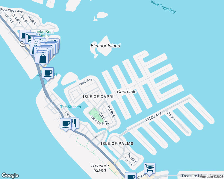 map of restaurants, bars, coffee shops, grocery stores, and more near 12170 4th Street East in Treasure Island