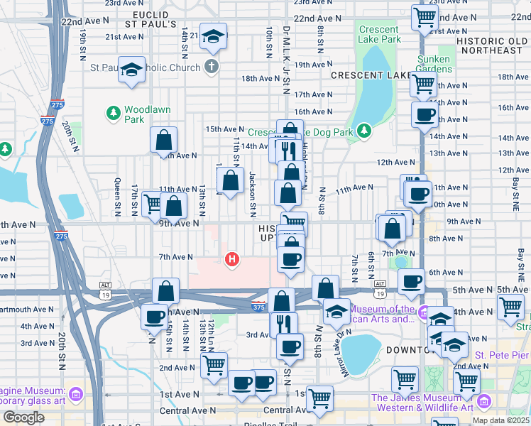map of restaurants, bars, coffee shops, grocery stores, and more near 1017 9th Avenue North in St. Petersburg