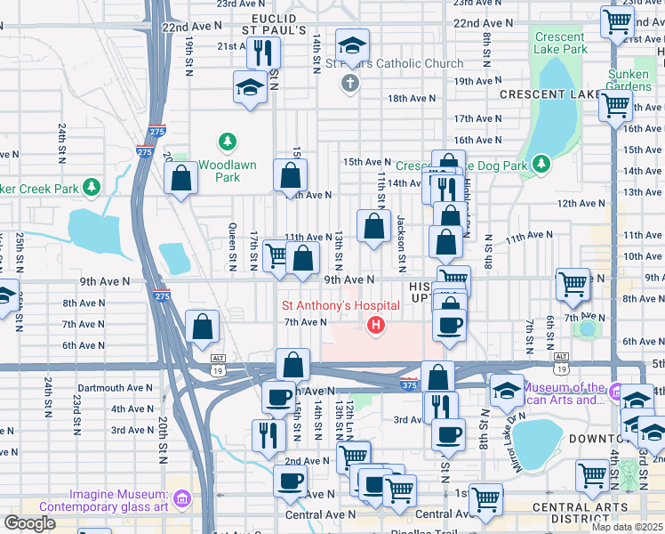 map of restaurants, bars, coffee shops, grocery stores, and more near 1225 9th Avenue North in St. Petersburg
