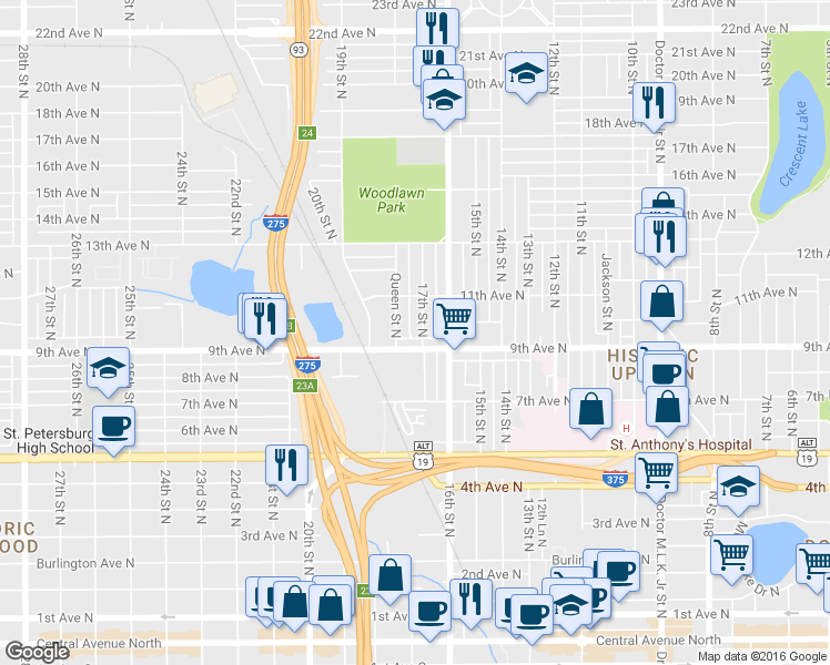 map of restaurants, bars, coffee shops, grocery stores, and more near 916 17th Street North in St. Petersburg