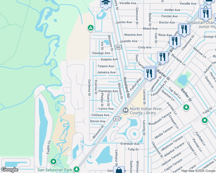 map of restaurants, bars, coffee shops, grocery stores, and more near 943 Riviera Avenue in Sebastian