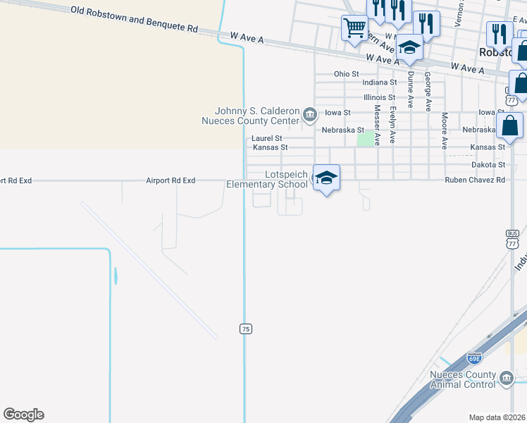 map of restaurants, bars, coffee shops, grocery stores, and more near 1024 John Wayne Drive in Robstown