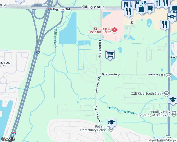map of restaurants, bars, coffee shops, grocery stores, and more near 6719 Simmons Loop in Riverview