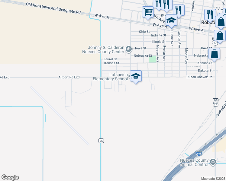 map of restaurants, bars, coffee shops, grocery stores, and more near 1024 John Wayne Drive in Robstown