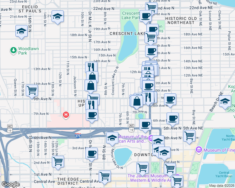 map of restaurants, bars, coffee shops, grocery stores, and more near 715 9th Avenue North in St. Petersburg