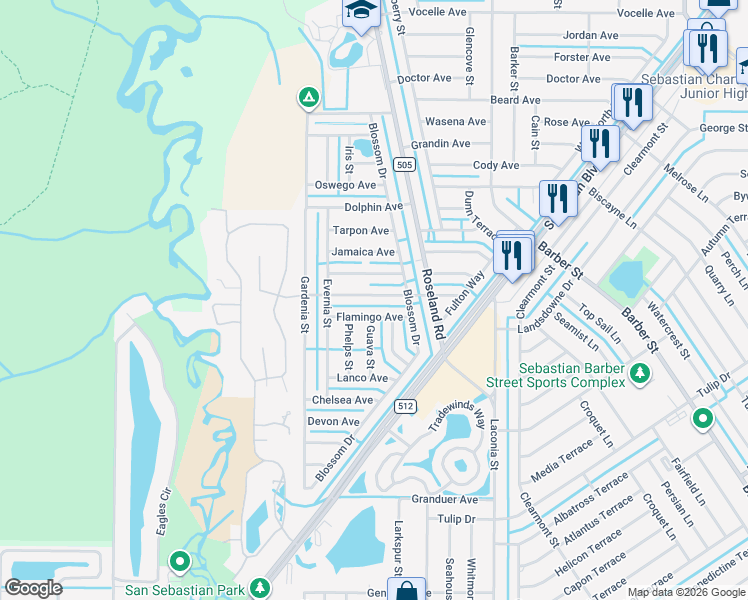 map of restaurants, bars, coffee shops, grocery stores, and more near 966 Flamingo Avenue in Sebastian