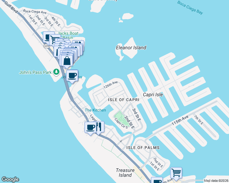 map of restaurants, bars, coffee shops, grocery stores, and more near 12465 2nd Street East in Treasure Island