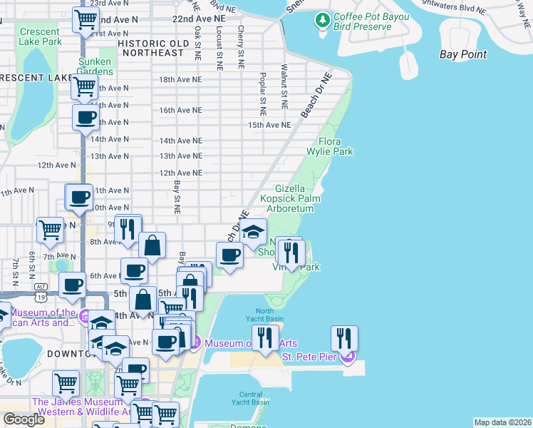 map of restaurants, bars, coffee shops, grocery stores, and more near 914 North Shore Drive Northeast in St. Petersburg