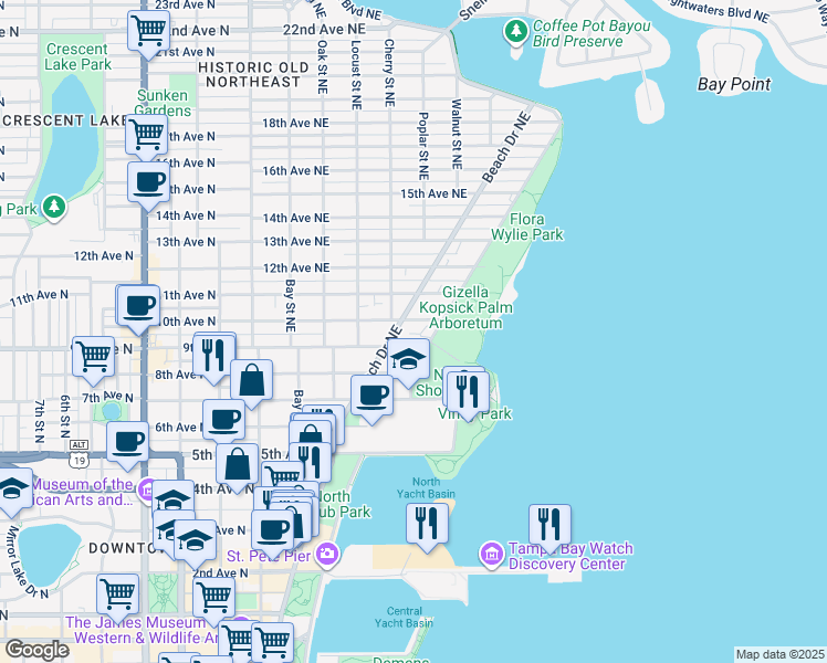 map of restaurants, bars, coffee shops, grocery stores, and more near 914 North Shore Drive Northeast in St. Petersburg