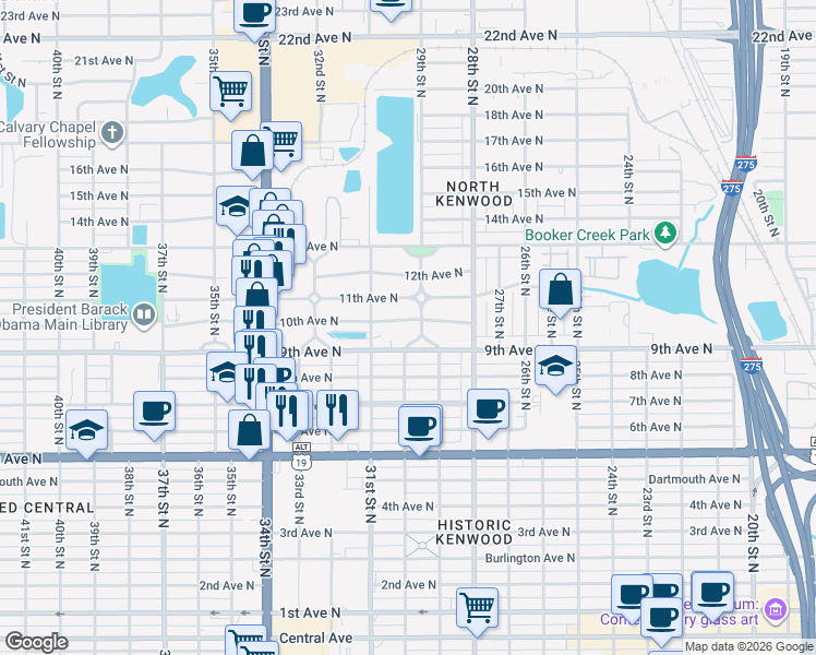 map of restaurants, bars, coffee shops, grocery stores, and more near 900 29th Street North in St. Petersburg