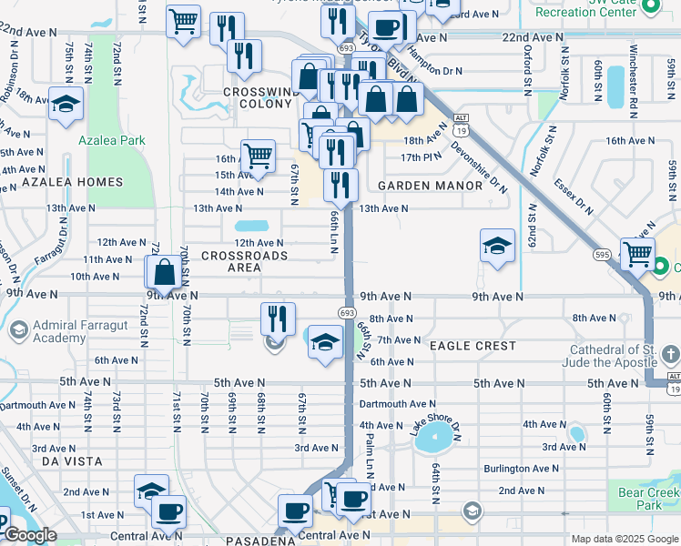 map of restaurants, bars, coffee shops, grocery stores, and more near 6626 10th Avenue North in St. Petersburg