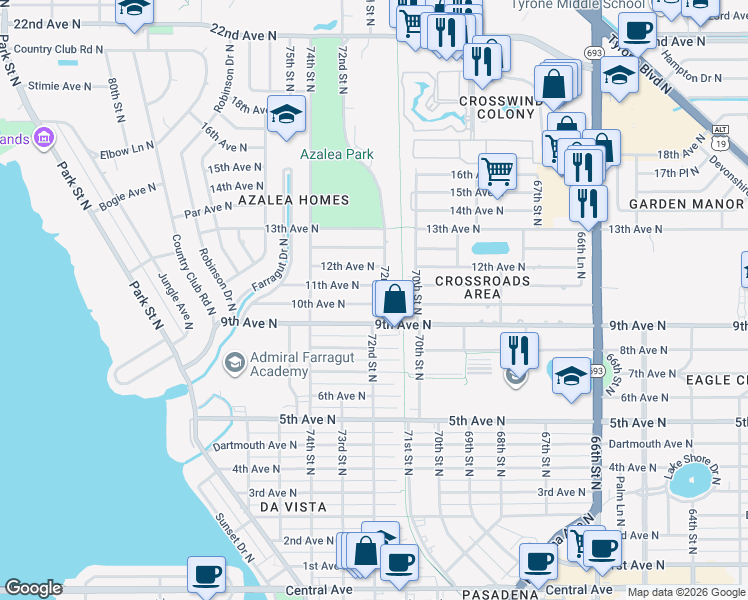 map of restaurants, bars, coffee shops, grocery stores, and more near 7226 10th Avenue North in St. Petersburg