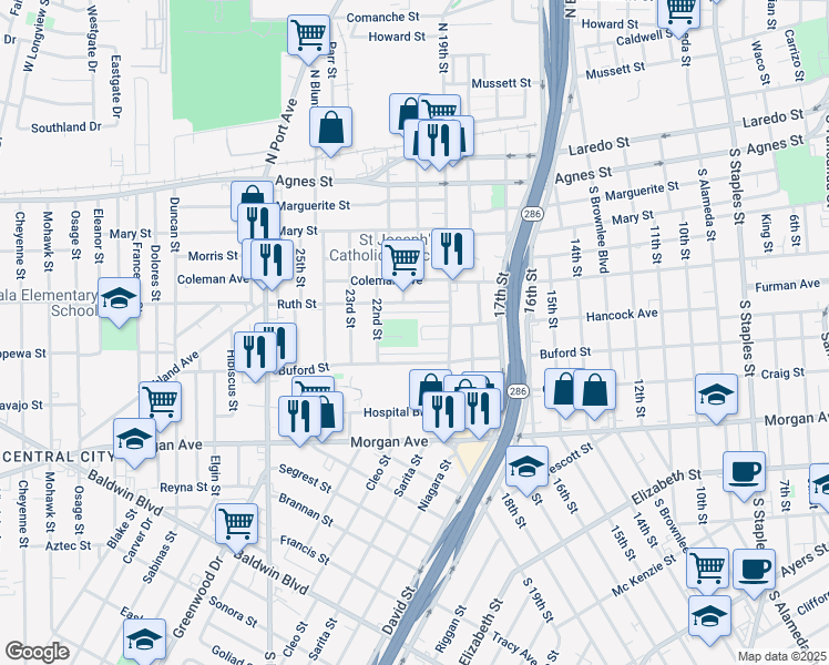 map of restaurants, bars, coffee shops, grocery stores, and more near 2320 Buford Street in Corpus Christi