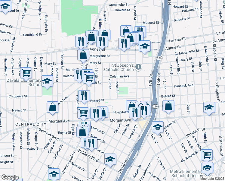 map of restaurants, bars, coffee shops, grocery stores, and more near 1005 23rd Street in Corpus Christi