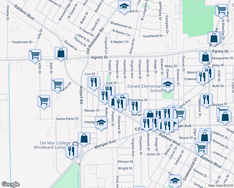 map of restaurants, bars, coffee shops, grocery stores, and more near 354 Shawnee Street in Corpus Christi