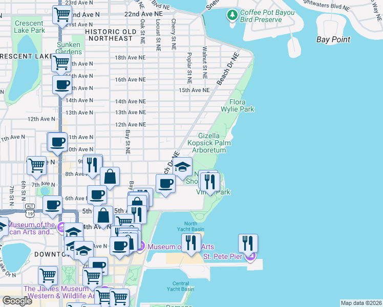 map of restaurants, bars, coffee shops, grocery stores, and more near 914 North Shore Drive Northeast in St. Petersburg