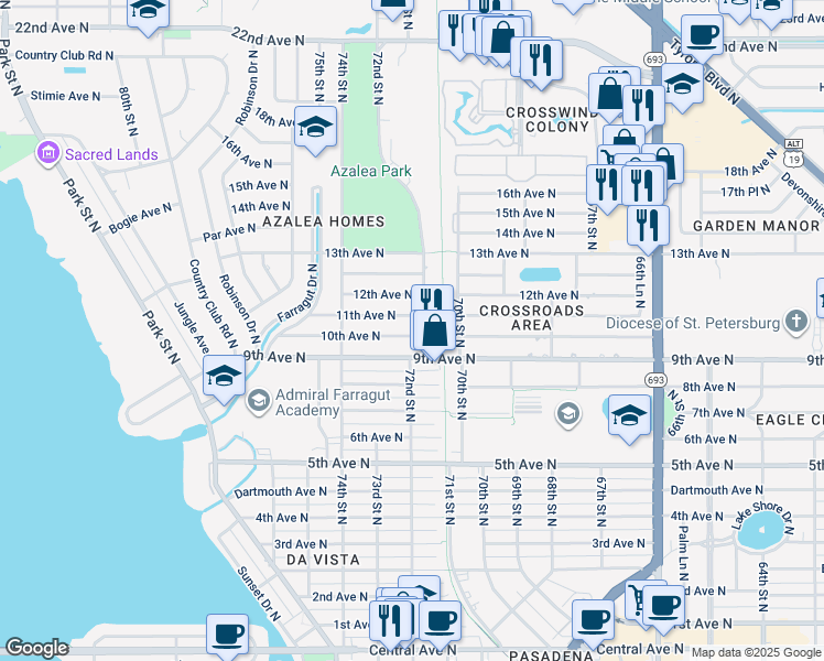 map of restaurants, bars, coffee shops, grocery stores, and more near 7226 10th Avenue North in St. Petersburg