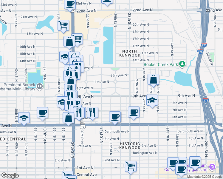 map of restaurants, bars, coffee shops, grocery stores, and more near 900 29th Street North in St. Petersburg
