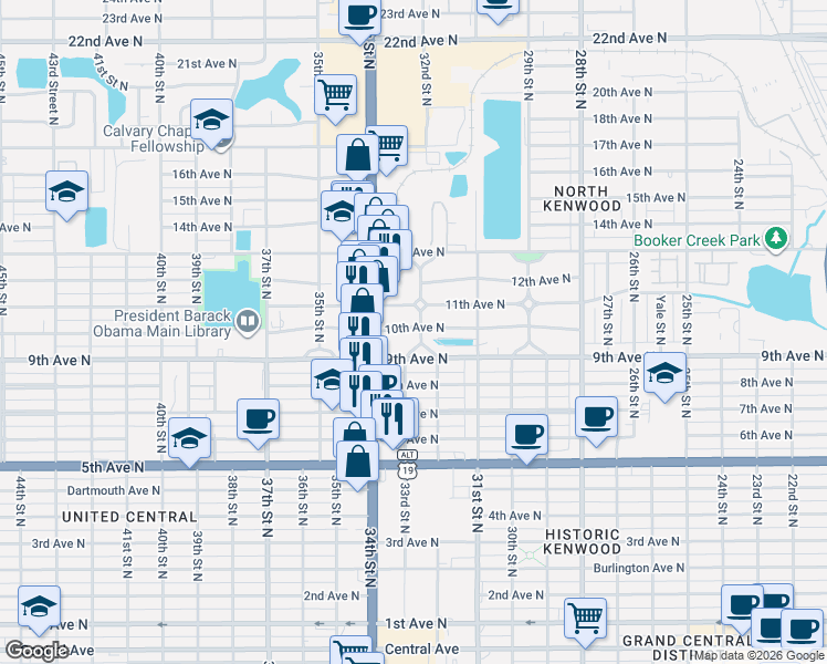 map of restaurants, bars, coffee shops, grocery stores, and more near 924 32nd Street North in Saint Petersburg