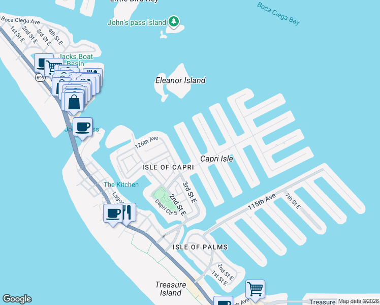 map of restaurants, bars, coffee shops, grocery stores, and more near 12200 4th Street East in Treasure Island