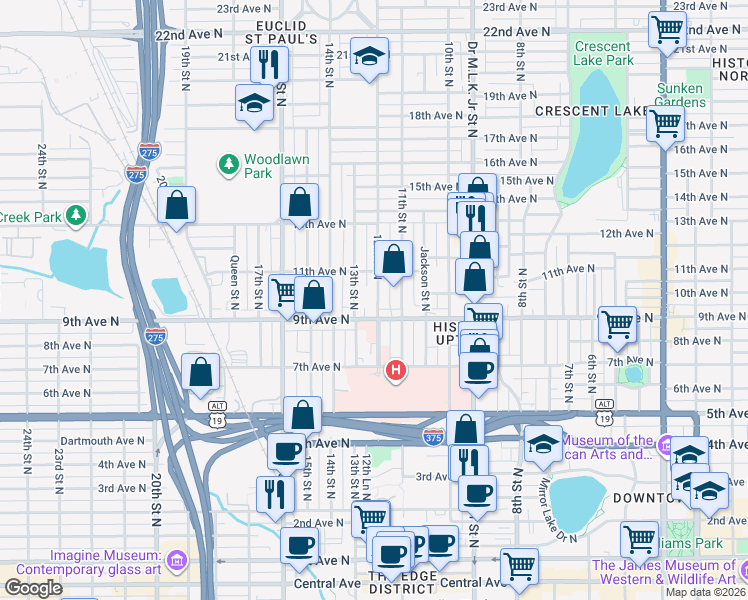 map of restaurants, bars, coffee shops, grocery stores, and more near 950 12th Street North in St. Petersburg
