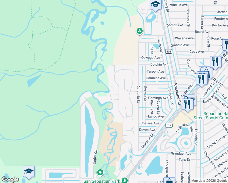 map of restaurants, bars, coffee shops, grocery stores, and more near 624 Fischer Hammock Road in Sebastian