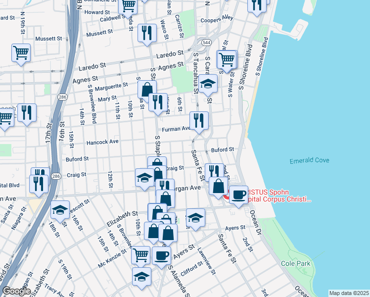 map of restaurants, bars, coffee shops, grocery stores, and more near 816 Buford Street in Corpus Christi