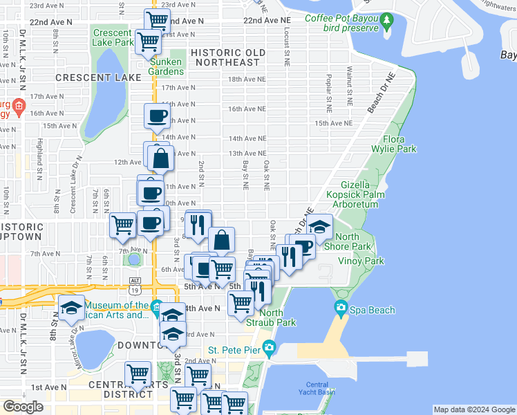 map of restaurants, bars, coffee shops, grocery stores, and more near 249 9th Avenue North in St. Petersburg