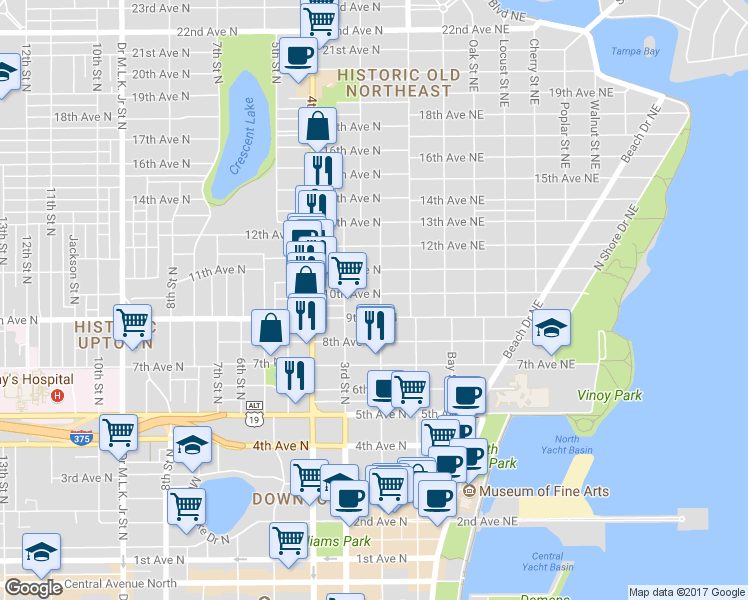 map of restaurants, bars, coffee shops, grocery stores, and more near 221 9th Avenue North in St. Petersburg