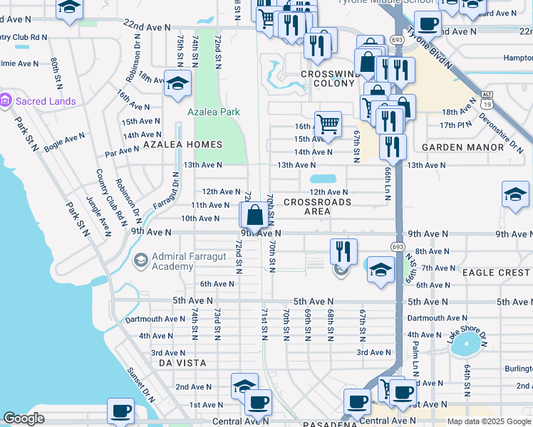 map of restaurants, bars, coffee shops, grocery stores, and more near 7101 9th Avenue North in St. Petersburg