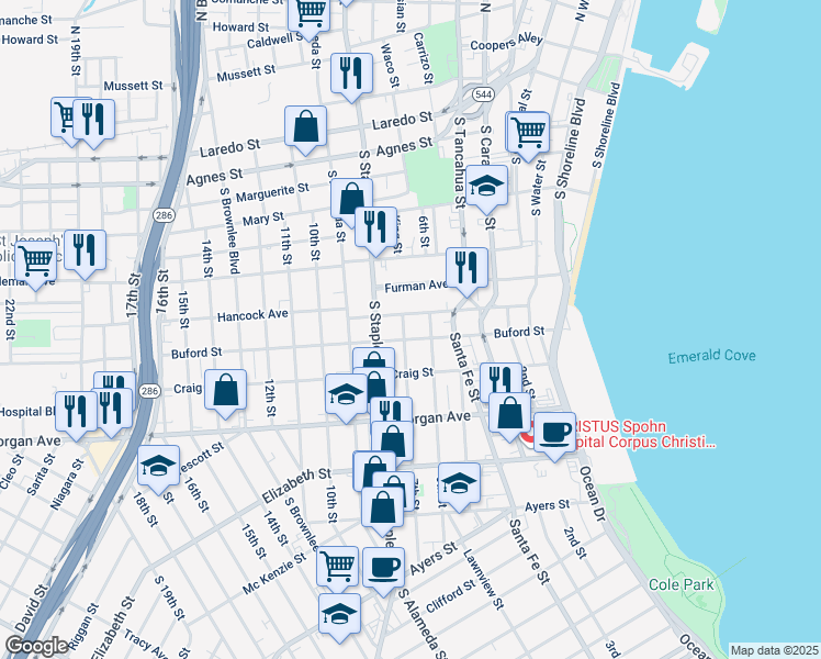 map of restaurants, bars, coffee shops, grocery stores, and more near 1006 Buford Street in Corpus Christi
