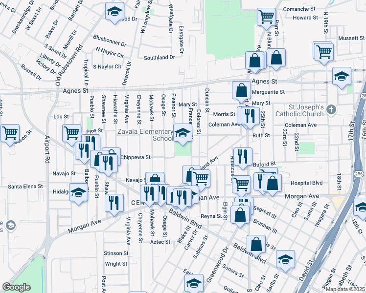 map of restaurants, bars, coffee shops, grocery stores, and more near 937 Eleanor Street in Corpus Christi