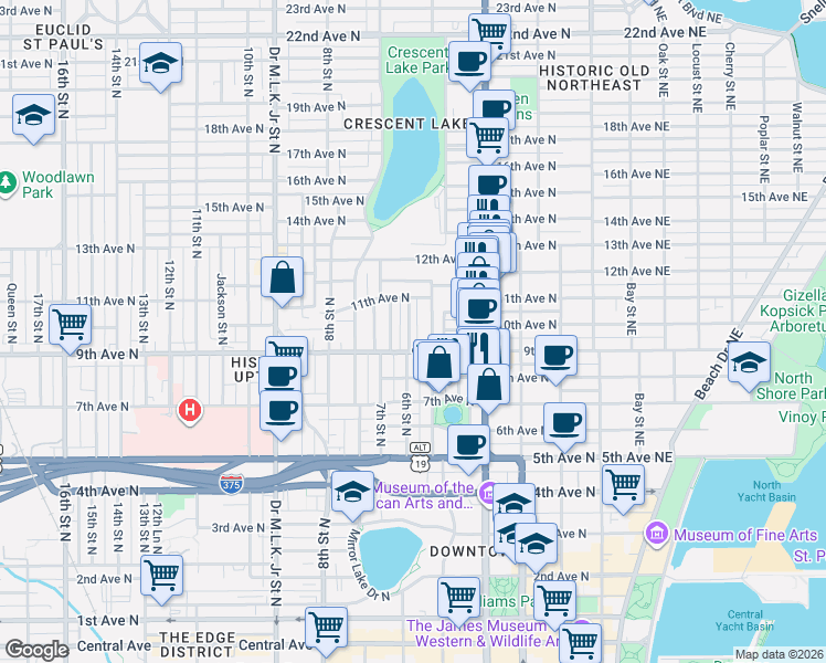 map of restaurants, bars, coffee shops, grocery stores, and more near 527 9th Avenue North in St. Petersburg