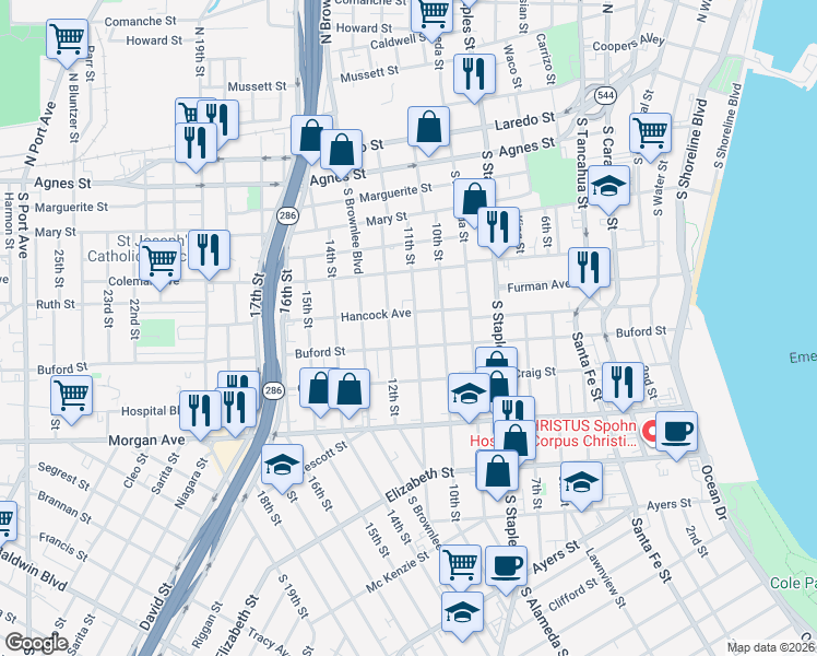 map of restaurants, bars, coffee shops, grocery stores, and more near 1025 11th Street in Corpus Christi